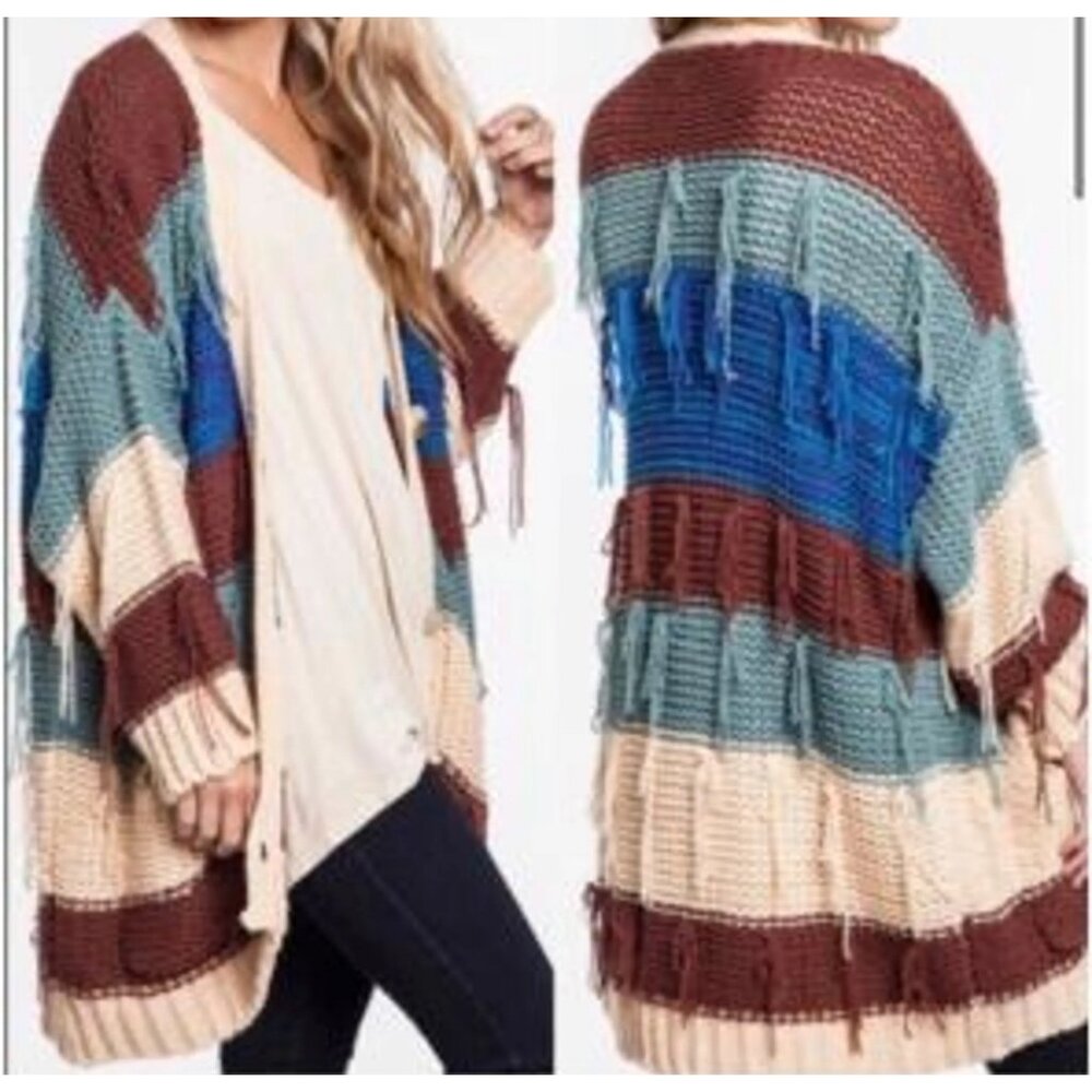 Umgee Fringed Striped Cable Knit Cardigan Sweater S/M Brown Blue Western Boho